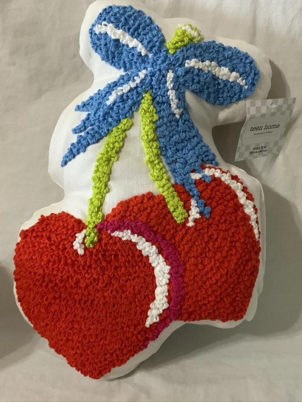Teen Home Cherry Heart Hooked Pillow - Red, Blue, Lime